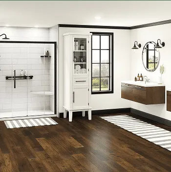 Black and white bathroom with walk-in shower